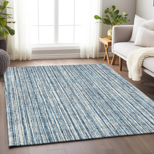 9' X 12' Blue And Ivory Striped Washable Area Rug With UV Protection