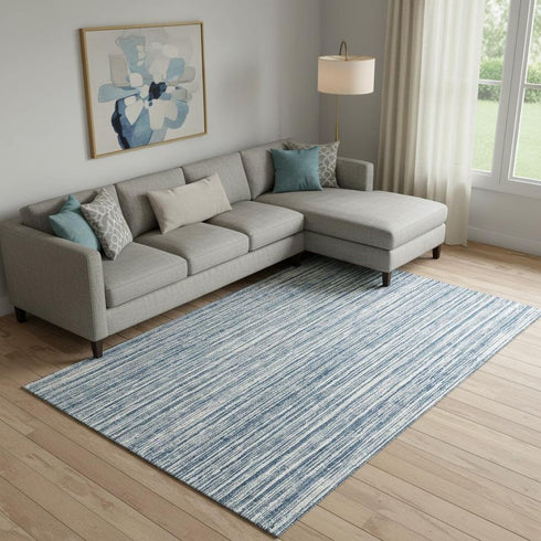 9' X 12' Blue And Ivory Striped Washable Area Rug With UV Protection