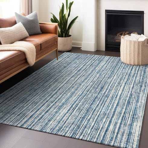 9' X 12' Blue And Ivory Striped Washable Area Rug With UV Protection