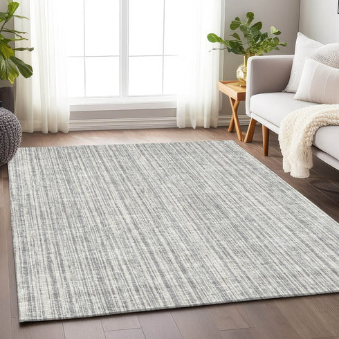 8' X 10' Gray And Silver Striped Washable Area Rug With UV Protection