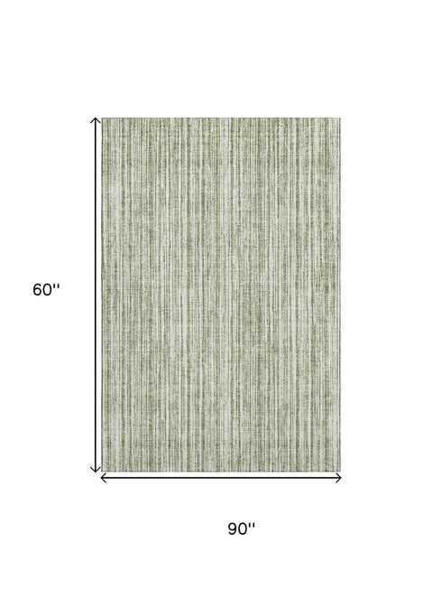 5' X 8' Green And Ivory Striped Washable Area Rug With UV Protection