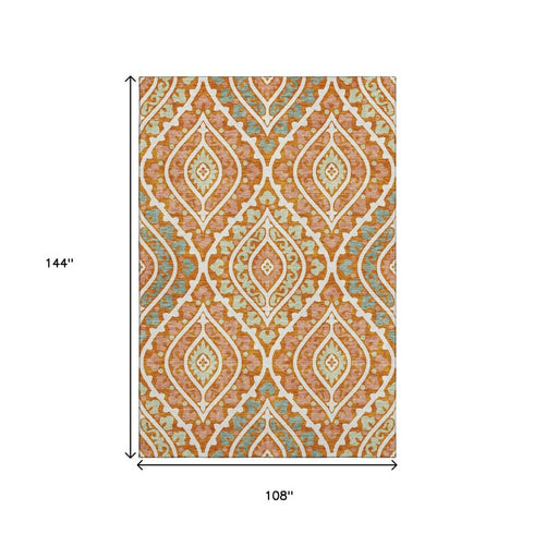 9' X 12' Orange Green And Ivory Diamond Washable Area Rug With UV Protection