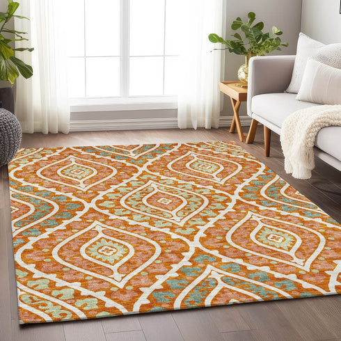 9' X 12' Orange Green And Ivory Diamond Washable Area Rug With UV Protection