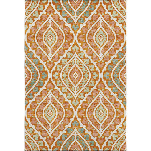 9' X 12' Orange Green And Ivory Diamond Washable Area Rug With UV Protection