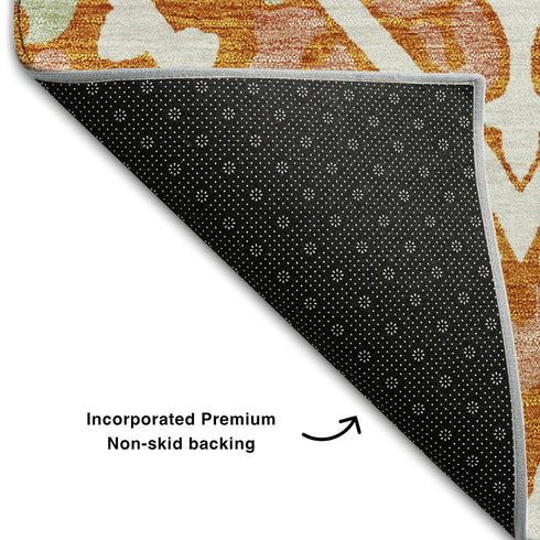 9' X 12' Orange Green And Ivory Diamond Washable Area Rug With UV Protection