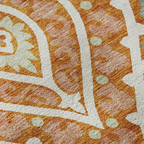 9' X 12' Orange Green And Ivory Diamond Washable Area Rug With UV Protection