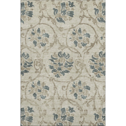 5' X 8' Beige Blue And Tan Floral Washable Area Rug With UV Protection