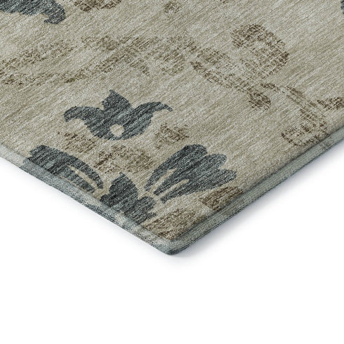 5' X 8' Beige Blue And Tan Floral Washable Area Rug With UV Protection
