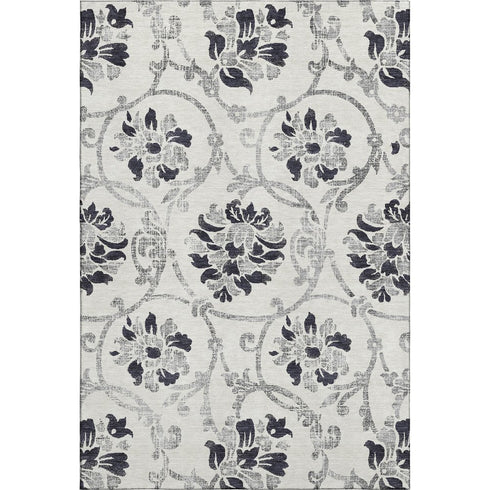 5' X 8' Black And Ivory Floral Washable Area Rug With UV Protection