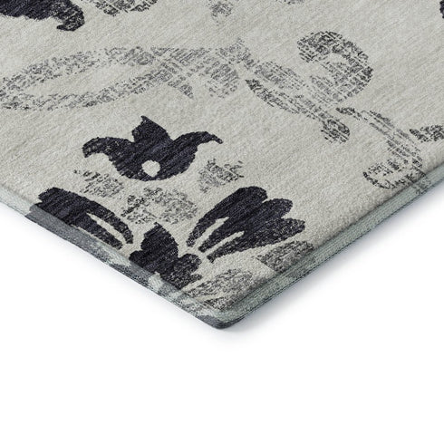 5' X 8' Black And Ivory Floral Washable Area Rug With UV Protection