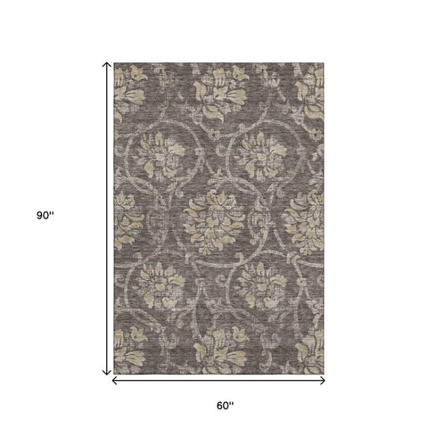 5' X 8' Brown Beige And Taupe Floral Washable Area Rug With UV Protection