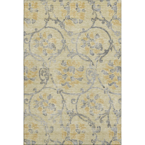 5' X 8' Gold Gray And Silver Floral Washable Area Rug With UV Protection