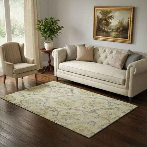 5' X 8' Gold Gray And Silver Floral Washable Area Rug With UV Protection