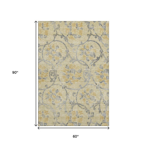 5' X 8' Gold Gray And Silver Floral Washable Area Rug With UV Protection