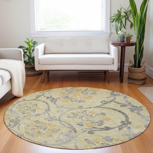 8' Gold Gray And Silver Floral Washable Round Rug With UV Protection