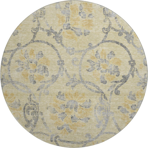 8' Gold Gray And Silver Floral Washable Round Rug With UV Protection