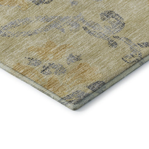 8' Gold Gray And Silver Floral Washable Round Rug With UV Protection