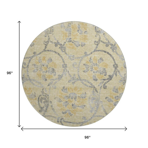 8' Gold Gray And Silver Floral Washable Round Rug With UV Protection