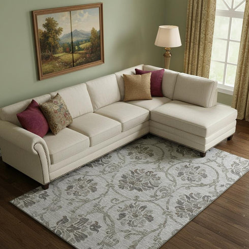 8' X 10' Gray And Taupe Floral Washable Area Rug With UV Protection