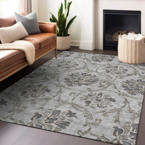 8' X 10' Gray And Taupe Floral Washable Area Rug With UV Protection