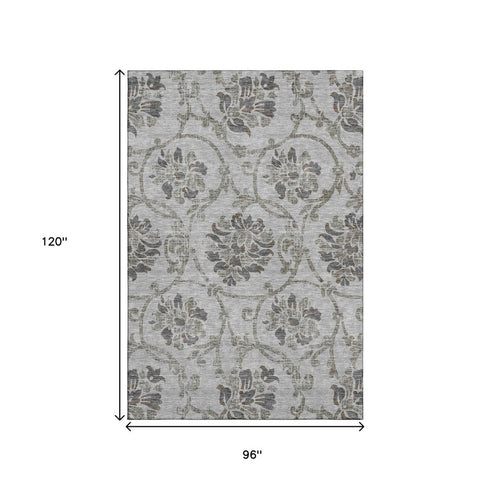 8' X 10' Gray And Taupe Floral Washable Area Rug With UV Protection