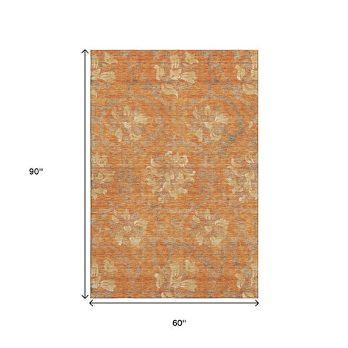 5' X 8' Orange Gray And Beige Floral Washable Area Rug With UV Protection