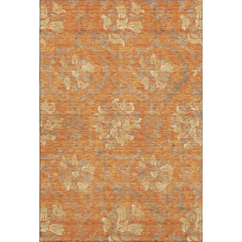 5' X 8' Orange Gray And Beige Floral Washable Area Rug With UV Protection