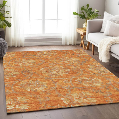 8' X 10' Orange Gray And Beige Floral Washable Area Rug With UV Protection