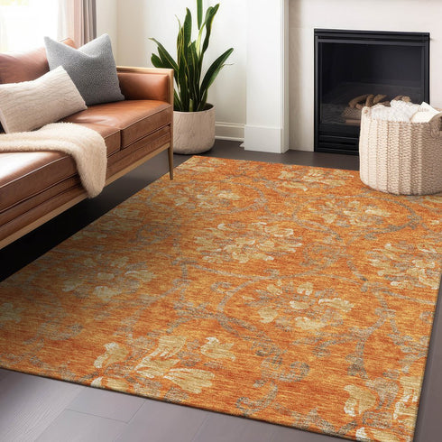8' X 10' Orange Gray And Beige Floral Washable Area Rug With UV Protection