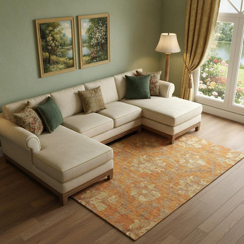 8' X 10' Orange Gray And Beige Floral Washable Area Rug With UV Protection