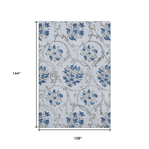 9' X 12' Sky Blue Gray And Silver Floral Washable Area Rug With UV Protection