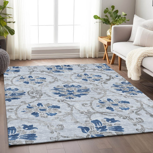 9' X 12' Sky Blue Gray And Silver Floral Washable Area Rug With UV Protection