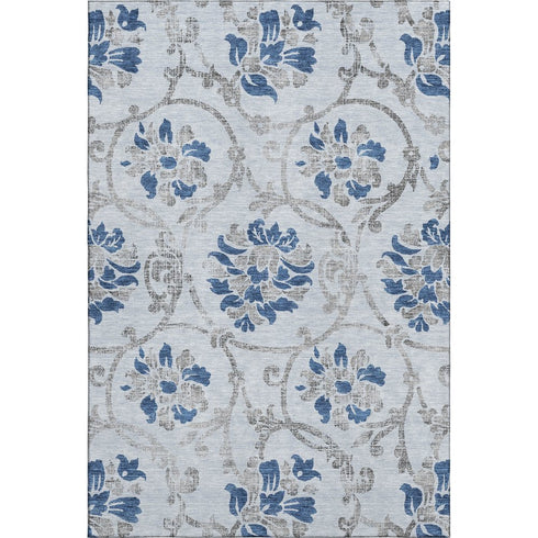 9' X 12' Sky Blue Gray And Silver Floral Washable Area Rug With UV Protection