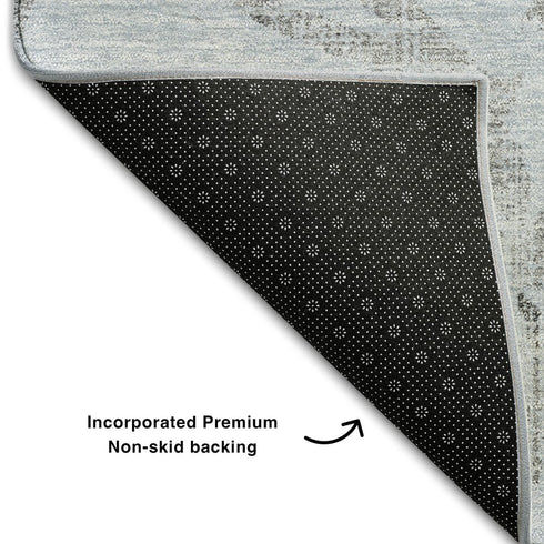 9' X 12' Sky Blue Gray And Silver Floral Washable Area Rug With UV Protection
