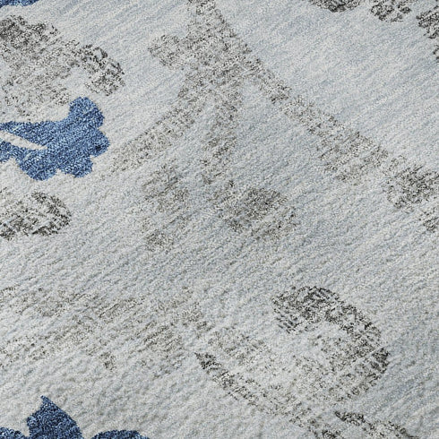 9' X 12' Sky Blue Gray And Silver Floral Washable Area Rug With UV Protection