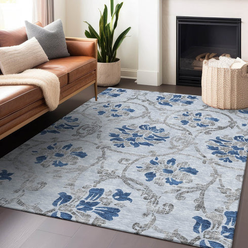 9' X 12' Sky Blue Gray And Silver Floral Washable Area Rug With UV Protection