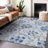 9' X 12' Sky Blue Gray And Silver Floral Washable Area Rug With UV Protection