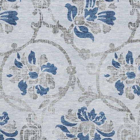 9' X 12' Sky Blue Gray And Silver Floral Washable Area Rug With UV Protection