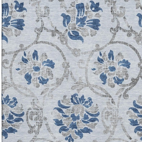 9' X 12' Sky Blue Gray And Silver Floral Washable Area Rug With UV Protection