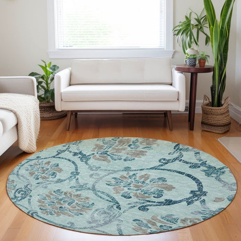8' Teal And Gray Floral Washable Round Rug With UV Protection