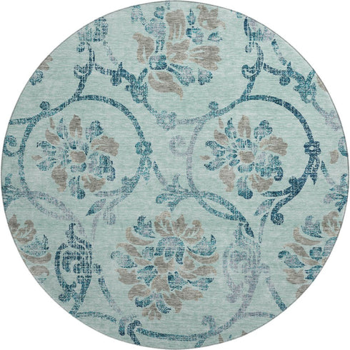 8' Teal And Gray Floral Washable Round Rug With UV Protection
