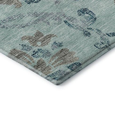 8' Teal And Gray Floral Washable Round Rug With UV Protection