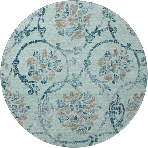 8' Teal And Gray Floral Washable Round Rug With UV Protection