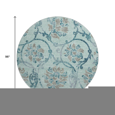 8' Teal And Gray Floral Washable Round Rug With UV Protection