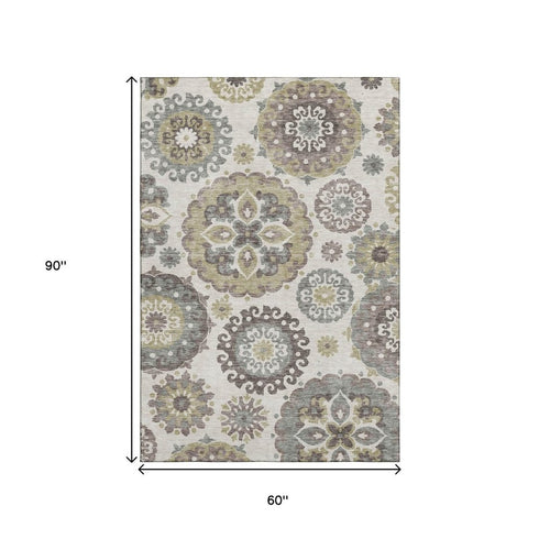 5' X 8' Beige Gray And Brown Medallion Washable Area Rug With UV Protection