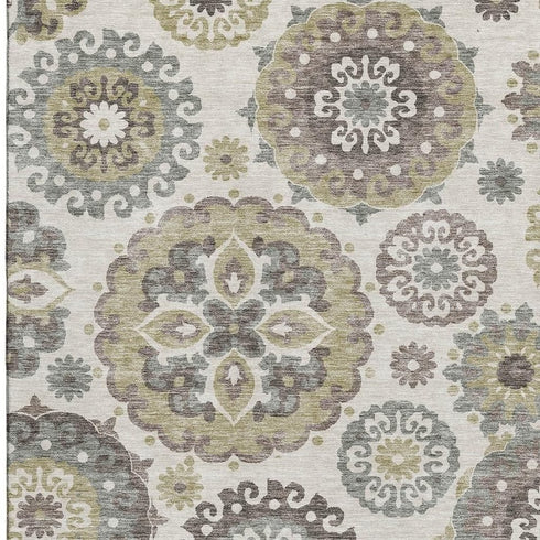 5' X 8' Beige Gray And Brown Medallion Washable Area Rug With UV Protection