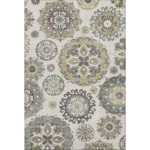 5' X 8' Beige Gray And Brown Medallion Washable Area Rug With UV Protection