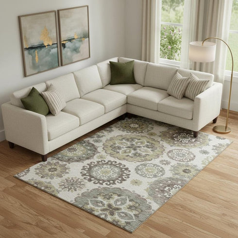 8' X 10' Beige Gray And Brown Medallion Washable Area Rug With UV Protection