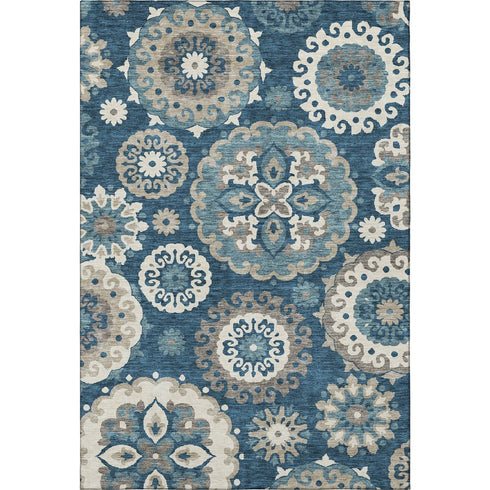 5' X 8' Blue Ivory And Beige Medallion Washable Area Rug With UV Protection