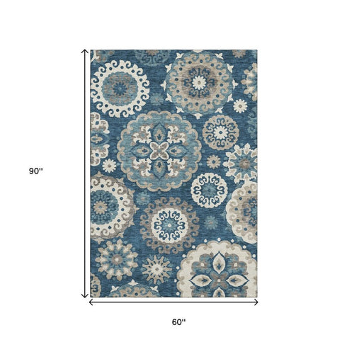 5' X 8' Blue Ivory And Beige Medallion Washable Area Rug With UV Protection